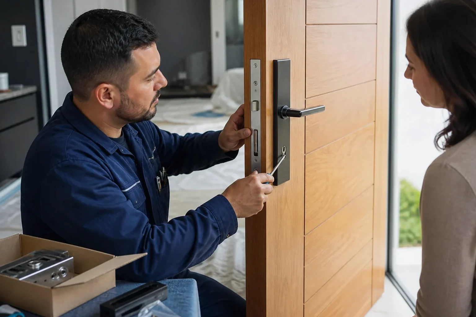 Chaveiro fazendo a instalação de uma fechadura em uma porta em Indaiatuba.